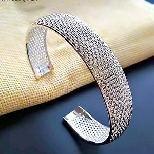 STERLING SILVER MESH HOLLOW OUT CUFF BANGLE BRACELET